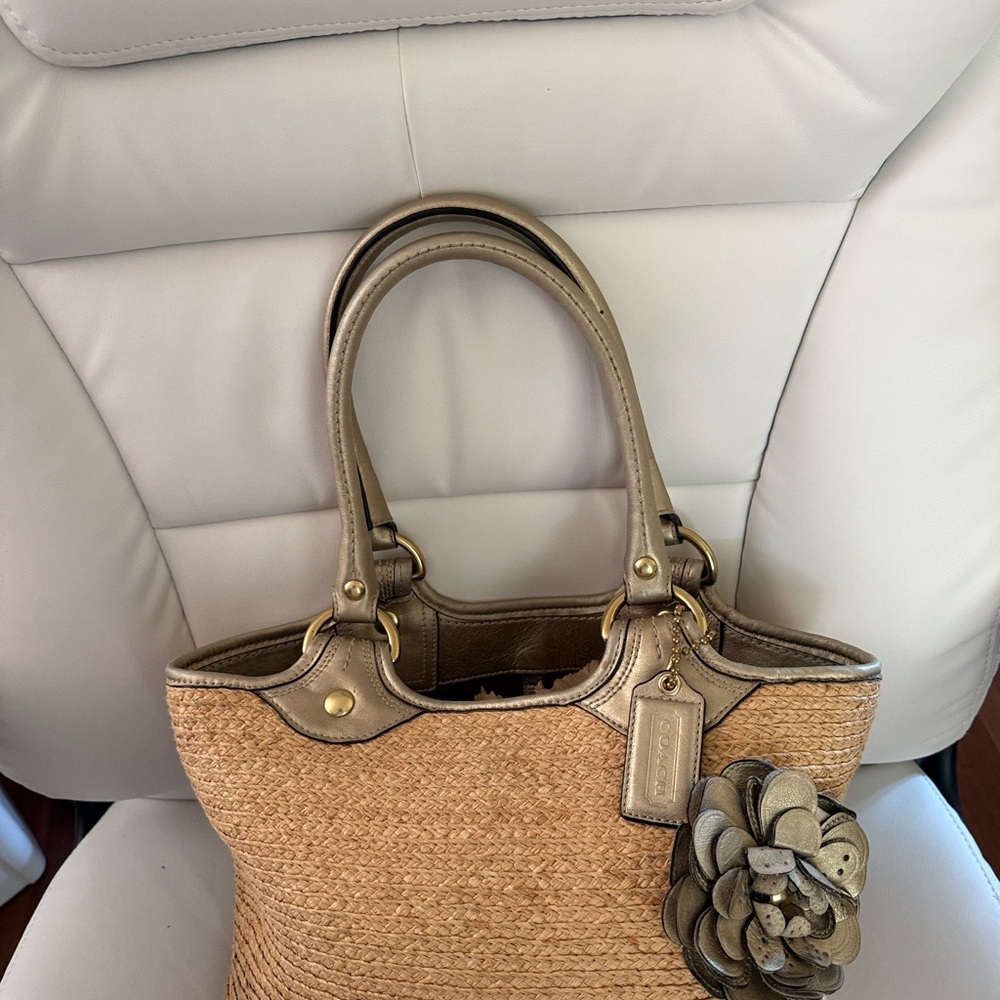 Straw Woven Coach Bleeker handbag-Flower Accent. Naturally woven. - Picture 6 of 14